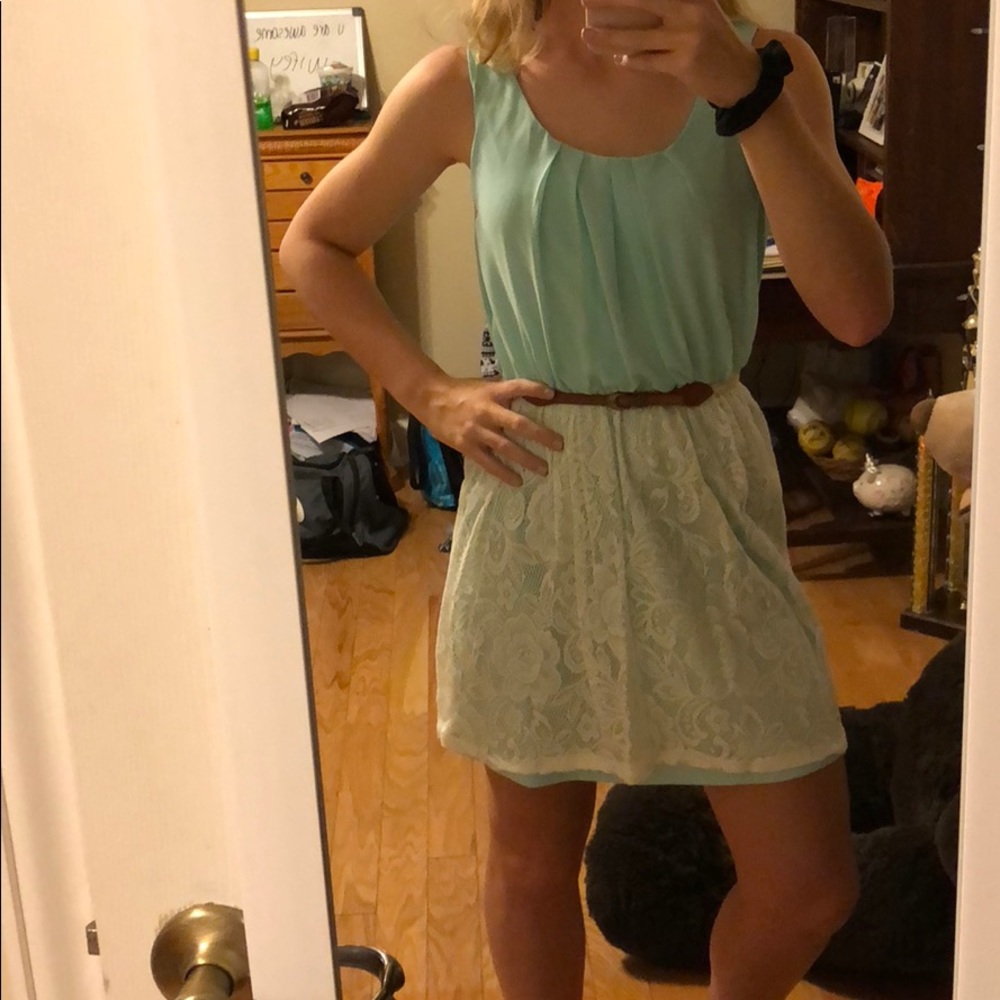 IZ BYER baby blue lace dress with belt